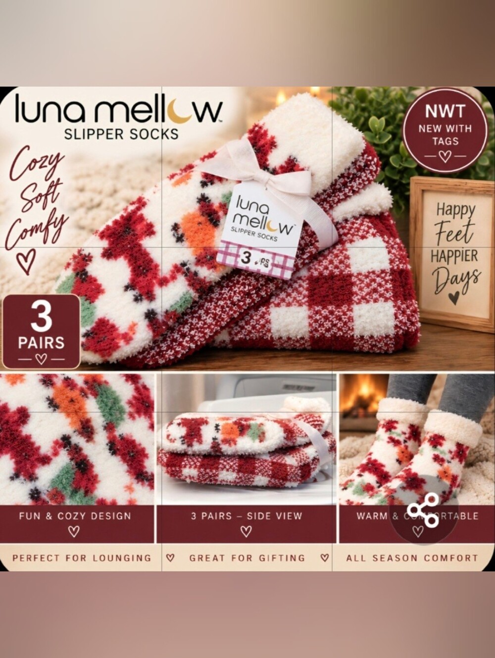 Dachsund and other Styles Ofn Burgundy & White Slipper Socks - 3 Pairs
